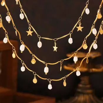 Геометрическое ожерелье с бахромой из натурального пресноводного жемчуга, многоэлементные аксессуары из титановой стали с покрытием из 18-каратного золота