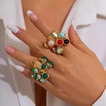 Геометрическое разомкнутое кольцо из малахита в европейском и американском стиле в стиле ретро