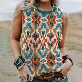 Геометрия 3D принт в западном этническом стиле майки женские повседневные свободные жилеты без рукавов с открытыми плечами Y2k майка женская одежда S