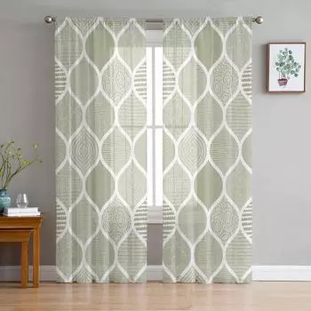Геометрия Марокканская текстура Шалфейно-зеленые прозрачные шторы для гостиной, украшения оконных штор, кухонных штор из тюля и вуали W135 x H115cm x1