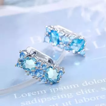 Геометрия женские серебряные круглые овальные огранки небесно-голубые циркониевые клипсы серьги подарок на День святого Валентина небесно-голубой