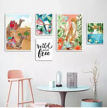 Гепард, верблюд, леопард, попугай, джунгли, скандинавские постеры и принты, настенная живопись на холсте, настенные картины для гостиной, домашний декор, без рамки 21*30cm