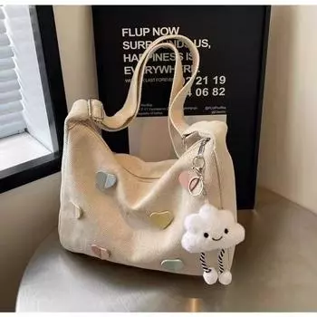 German Canvas Bag Women 2024 Tide Autumn and Winter Simple and Versatile Large Capacity Shoulder Bag Leisure Commuter Shoulder Dumpling Bag Heart + Long Leg Cloud Pendant