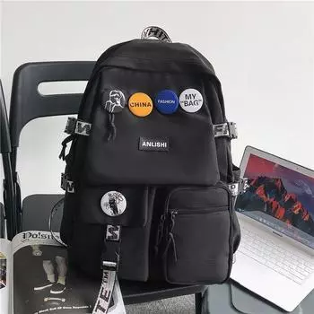 German Schoolbag Women College Student High School Travel Backpack Male Junior High School Student Ins Japan fashion Large Capacity Computer Backpack Black (with badge)