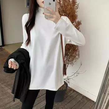 German velvet thickened bottoming shirt t-shirt for women autumn and winter half turtleneck loose mid-length style with long sleeves of shark pants S