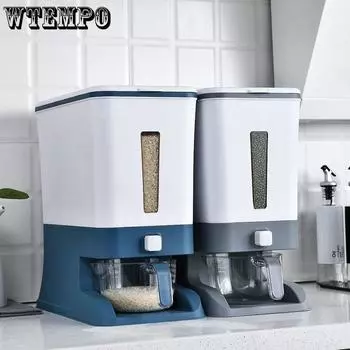 Герметичная бочка для риса, защищенная от насекомых и влаги, с автоматической подачей риса и утолщенным пластиковым резервуаром для хранения большой емкости для домашнего использования. синий