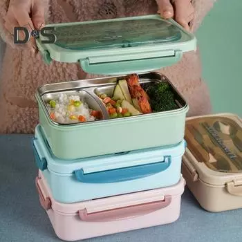 Герметичный контейнер для бенто для детей и взрослых, контейнер для ланча с тремя отделениями и столовыми приборами, не содержащий бисфенол-А, герметичные уплотнения, многоразовый пищевой контейнер metal хаки