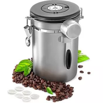 Герметичный контейнер для кофе из нержавеющей стали, контейнер для кофейной гущи и кофейных зерен с датировщиком, ложкой, фильтрами CO2-клапана, серебристый 1200ml серебряный