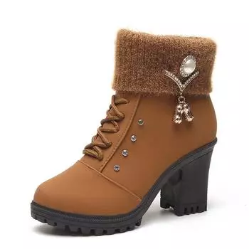 gh7 Зимние туфли на высоком каблуке Женские зимние сапоги Модные женские сапоги на высоком каблуке Мягкие теплые меховые туфли Женские брендовые ботильоны 35 чёрный