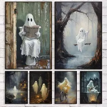 Ghost on The Toilet Reading A Newspaper Poster Dark Moody Victorian Canvas Painting Fun Spooky Wall Art Room Home Wall Decor 21cm30cm NoFrame