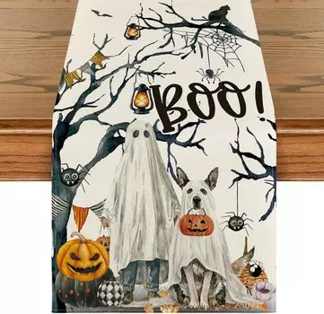 Ghost Pumpkins Tree Dog Boo Halloween Linen Table Runners Seasonal Fall Kitchen Dining Table Decor Washable Holiday Party Decor 150x33cm 59x13inch розовый
