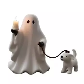 Ghost Pup Candle Holder Cute White Ghost Walking Dog Candlestick Resin Tabletop Figurine for Halloween Home Shelf Desk Decor S