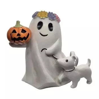 Ghost Walking Dog Halloween Decor Spooky Ghost Dog Figurine Resin Cute Ghost Statue with Pumpkin for Halloween Home Bookshelf Tabletop Decor 15cm