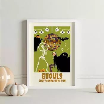 Ghouls Just Wanna Have Fun Prints Trendy Halloween Disco Ball Ghost Poster Retro Cute Skeleton Ghost Pumpkin Wall Art Pictures 21x30cm No Framed