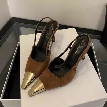 Giant And Thin! Patent Leather Metal Pointed Tip Temperament Dinner Party High Heels Empty Sandals French Niche Thin Heel Single Shoes Women 35