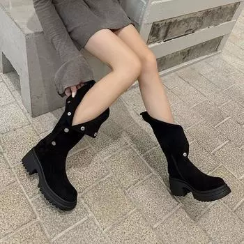 [Giant display height] Small long boots Maillard boots women s winter thick heel thick-soled medium boots Western stacking boots 35