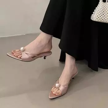 Giant Fairy~! Sexy pointy middle heel with thin straps, wearing pearl open-toed cat and sandals high heels 35