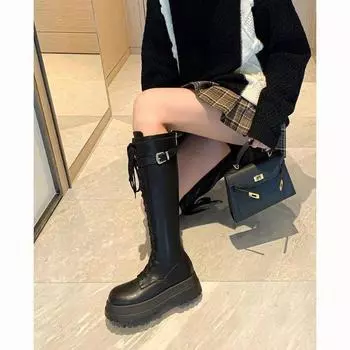 Giant legs long handsome front lace-up solid color knight boots women s new thick sole but knee thin boots high boots tide 35