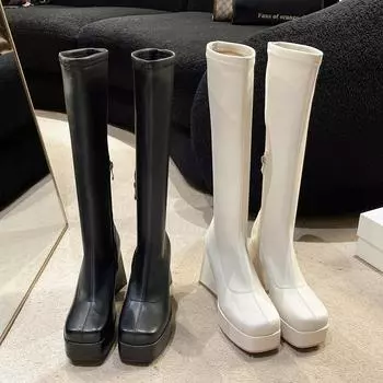 Giant legs long waterproof platform high heel 2025 elastic thin boots but knee long boots women s big tube circumference knight boots 35 белый