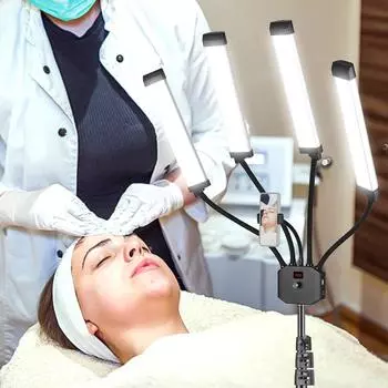 Гибкая 4-рычажная светодиодная лампа для видеосъемки, заполняющая лампа 3200K-5600K с регулируемой яркостью и держателем для телефона + EU Plug