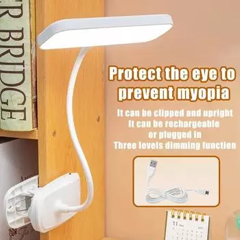 Гибкая настольная лампа на 360 ° с зажимом, светодиодная настольная лампа с бесступенчатым затемнением, перезаряжаемый прикроватный ночник для учебы, чтения, офисной работы 4000mAh белый