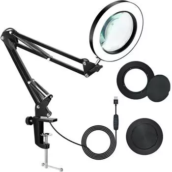 Гибкая настольная лампа с зажимом и 5-кратным, 8-кратным увеличительным стеклом, поворотным кронштейном, регулируемой яркостью, светодиодной лупой, 3 цветовых режима