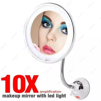 Гибкое зеркало для макияжа со светодиодной подсветкой, 10-кратное увеличительное зеркало на присоске, яркий рассеянный свет и поворот на 360 градусов
