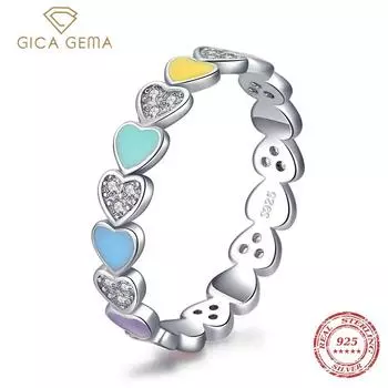 Gica Gema Аутентичные Стерлингового Серебра 925 пробы Радужные Красочные Сердца Эмаль CZ Кольцо на Палец Для Женщин Свадебные Обручальные Ювелирные Изделия Anel