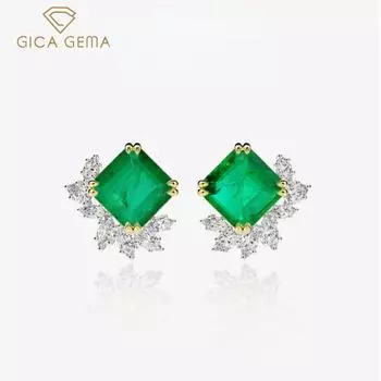 Gica Gema Изумрудные серьги Стерлингового серебра 925 пробы 10*10 мм Серьги-гвоздики Уникальный дизайн Романтические изящные ювелирные изделия Подарки для свадебной вечеринки Новый тренд 925 Silver зелёный