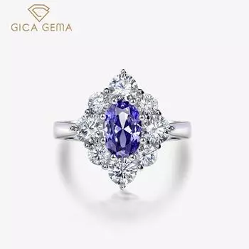 Gica Gema Кольца с высокоуглеродистыми бриллиантами Стерлингового Серебра 925 пробы 6*9 мм Цветок Синий Драгоценный Камень Романтические Ювелирные Изделия Свадебная Вечеринка Подарки Новая Тенденция 5 синий