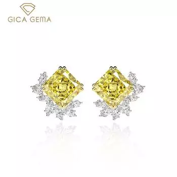 Gica Gema серьги с высокоуглеродистыми бриллиантами, стерлинговое серебро 925 пробы, 10*10 мм, серьги-гвоздики с желтым камнем, уникальный дизайн, романтические изящные ювелирные изделия, подарки для свадебной вечеринки 925 Silver жёлтый