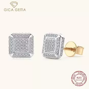 Gica Gema Серьги в европейском и американском стиле хип-хоп из 10-каратного золота с камнем Moissang, парные серьги из стерлингового серебра, маленькие квадратные серьги 10k-0.168 Carats+0.168 Carats золотой