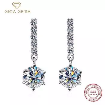 Gica Gema Стерлинговое серебро S925, новинка 2024 года, классические серьги с бахромой, шесть когтей, один карат, циркониевые серьги 1ct белый