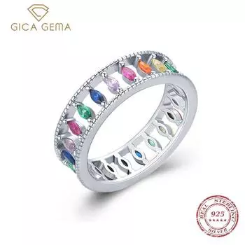 Gica Gema Стерлингового Серебра 925 пробы Модные Радужные Красочные Штабелируемые Кольца Ослепительные Ромбовидные Кристаллические Кольца На Палец Для Женщин Ювелирные Изделия Для Вечеринки