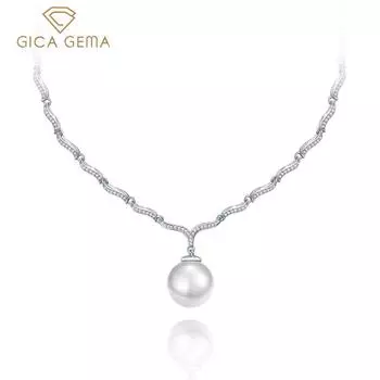 Gica Gema Жемчужные ожерелья с высокоуглеродистыми бриллиантами Стерлингового серебра 925 пробы 16 мм Кулон Уникальный дизайн Романтические изящные ювелирные изделия Подарки для свадебной вечеринки Новая тенденция 925 Silver белый