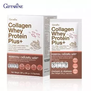 Giffarine Collagen Whey Protein Plus+, смесь пищевых волокон с рыбным коллагеном, витаминами и минералами, вкус какао, 26 г. х 10 пакетиков 82053 26 g. x 10 Sachets