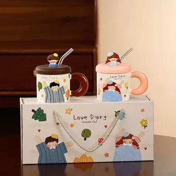 Gift Box Gift Gifts Ceramic Cup with Lid Straw Cup Cute Cartoon Mug High Temperature Resistant Girls Water Cup 380ML