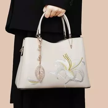 Gift New Arrival Elegant Middle-Aged Women s Cross-Body Bag Embroider Lily creamy-white(Send silk scarf + gift bag)