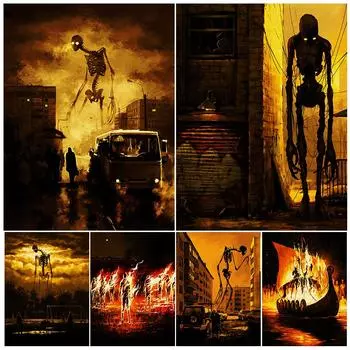 Гигантские монстры вторгаются в город, винтажная настенная живопись маслом, город, демон, легенда, художественный постер и 21cm30cm NoFrame