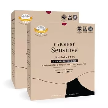 Гигиенические прокладки Carmesi Sensitive - 20 прокладок (10 больших + 10 больших) - Сертифицировано гинекологом на 100% отсутствие сыпи. Верхний слой из натуральных растений. Без ароматизатора. 10 Count (Pack of 1)