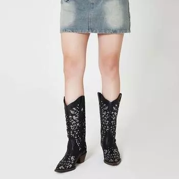 GIGIFOX Cowgirl Rhinestone Boots Western Mid-Ice Boots For Woman Block Mid Healing Toe Hollow Out Retro Cowboy Boots 7