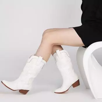 GIGIFOX Модные женские сапоги до середины икры с вышивкой, острым носком и толстым каблуком, лаконичные однотонные женские сапоги в стиле вестерн для вечеринок 7