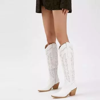 GIGIFOX Сексуальные модные женские сапоги до середины голени с острым носком и толстым каблуком, новые лаконичные однотонные женские сапоги в стиле вестерн с вышивкой 8