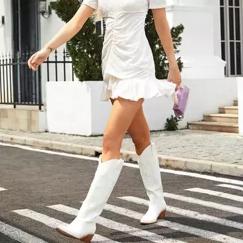 GIGIFOX Вышитые женские сапоги в стиле вестерн до середины икры, однотонные туфли на квадратном каблуке для женщин, повседневные ковбойские женские сапоги 7.5