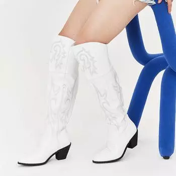 GIGIFOX Вышитые женские сапоги выше колена в стиле вестерн с острым носком и боковой молнией на массивном высоком каблуке, модные сапоги для отдыха 6.5