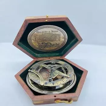 Gilbert Sons London Латунные солнечные часы Компас с деревянной коробкой, Морской латунь