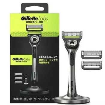 Gillette Gillette Labs Отшелушивающий брусок с подставкой для бритвы 3 сменных лезвия Gillette P&G + (1 комплект) / чёрный