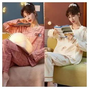Gilrs Spring Autumn Two Pieces Cotton Pajamas Set Long Sleeve Pants with O-Neck Homewear Free Size Thin Elastic Cartoon Bear freesize45-70KG розовый
