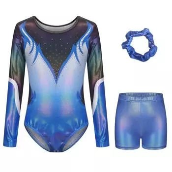 Гимнастическая одежда для девочек 5-12 лет, боди с треугольными шортами и повязка на голову, 3 шт., танцевальная одежда для выступлений 6