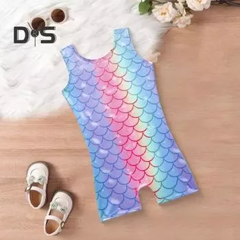 Гимнастический купальник для девочек, детская одежда для выступлений, танцевальный костюм для малышей с изображением рыбьей чешуи, блестящий спортивный костюм без рукавов с изображением русалки 9-10 Years синий